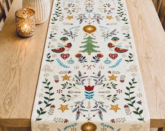 Camino de mesa navideño escandinavo, estampado de arte folclórico nórdico, 100% algodón, en varios tamaños, última unidad.