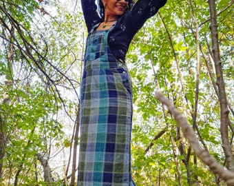 SANU BABU Robe longue salopette en coton bleu-vert // taille S // Robe salopette longue indienne népalaise // Surpiqûres contrastées // Teinture naturelle