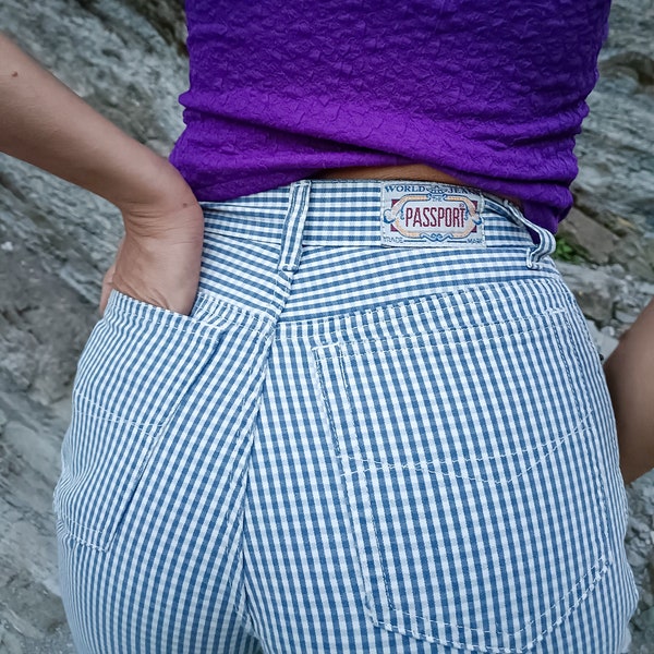 Vintage 90er Jahre Blue Tiny Gingham Plaid Cotton Denim von THE PASSPORT, hergestellt in Italien // IT 42 //100 % Baumwolle, blau karierte schmale Hose //High Rise