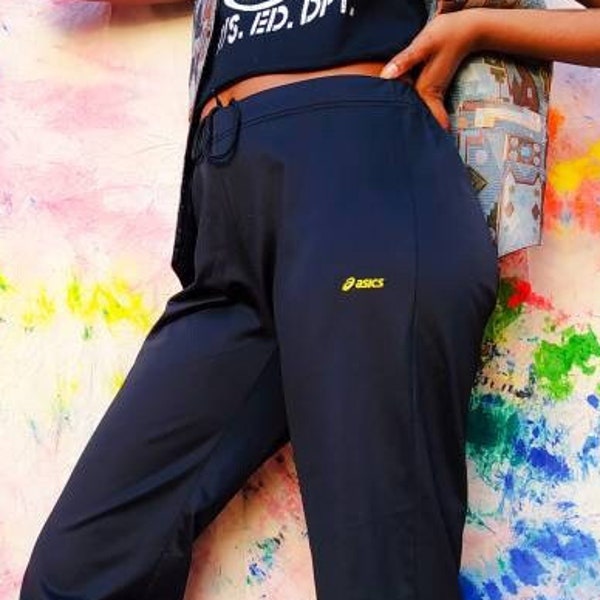 Vintage 90s Asics Black Pants // 1990s //Genderless //Athletic Adjustable waist Workout trousers// Vintage sportswear track pants // Bottoms