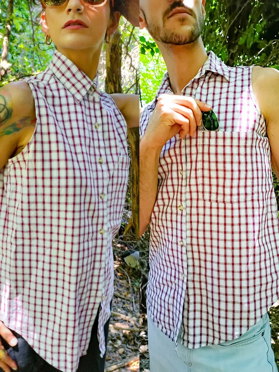 Vintage 90s Cotton Plaid Sleeveless Shirt // UNIS… - image 1