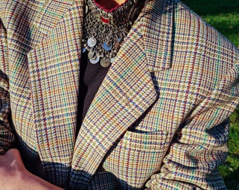 Blazer à carreaux en pure laine vierge vintage des années 80 par Adolfo Trabaldo fabriqué en Italie // Maestri Sartoriali // Veste en laine à carreaux multicolores // IT 46 M-L