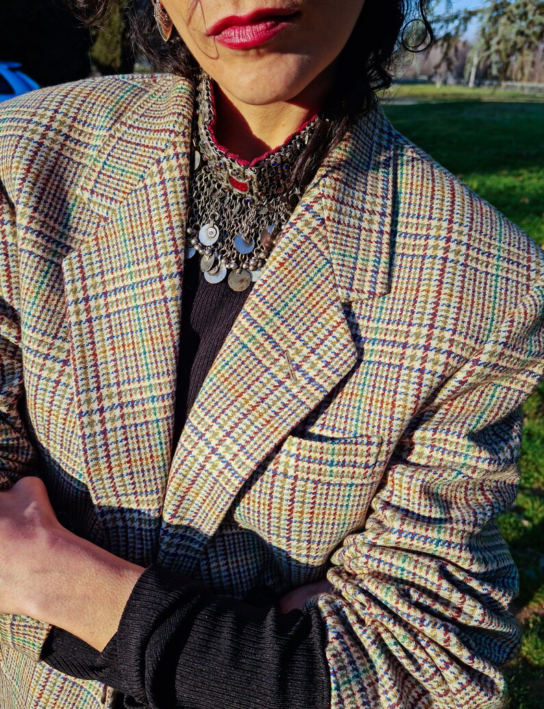 Blazer à carreaux en pure laine vierge vintage des années 80 par Adolfo Trabaldo fabriqué en Italie // Maestri Sartoriali // Veste en laine à carreaux multicolores // IT 46 M-L image 1