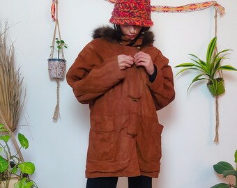 80s Vintage Hazel Brown Suede Leather Long Zip up Parka Coat