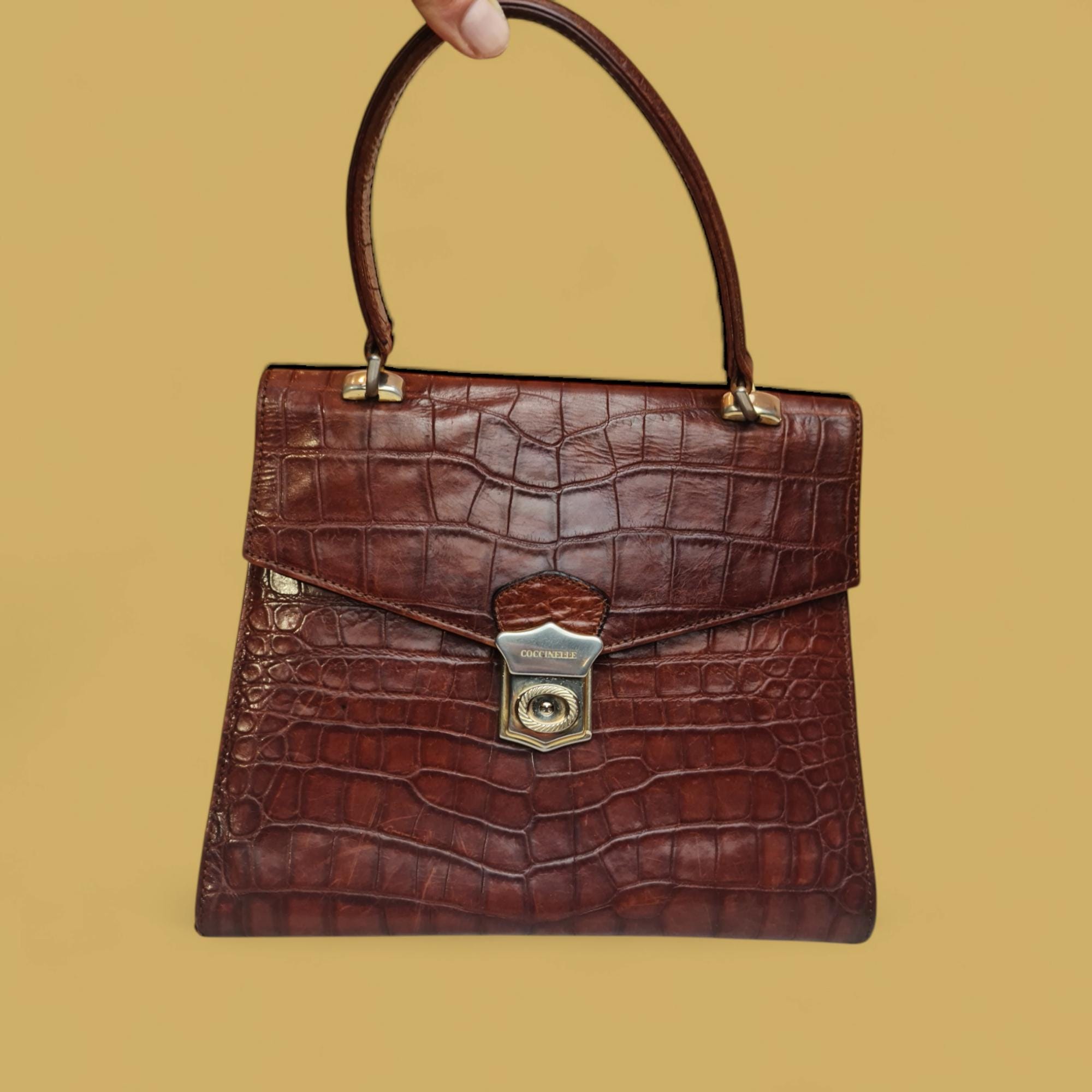 COCCINELLE Vintage 70s Brown Crocodile-embossed Leather Handbag 