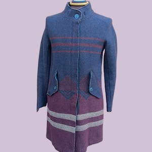 FELTED Vintage Wool Alpaca Long Coat Made in Italy // Tailored Garments // Geometric Pattern Indigo & Burgundy // Boho Western Style // M