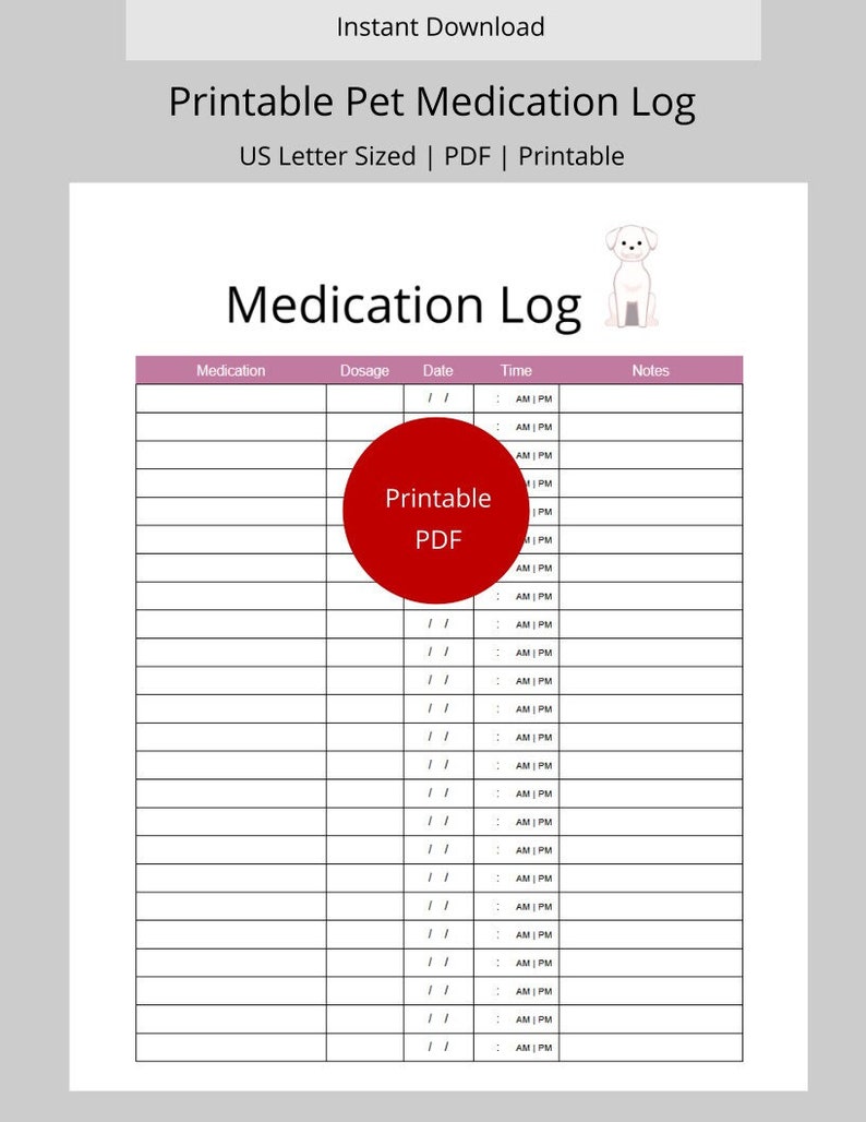 Printable Pet Medication Log Etsy