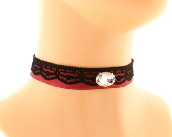 Choker elegant, glamour necklace, black lace red wine satin ribbon choker, women romantic choker pastel gothic, handmade gift, made to size