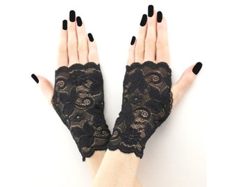Zwarte kanten vingerloze handschoenen, wanten van kantstof, gotische of burleske handschoenen, bruid korte handschoenen, gotische dameshandschoenen, elegante handschoenen