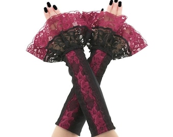 Burgundy Black Lace Ruffled Fingerless Gloves – Gothic Victorian Arm Warmers