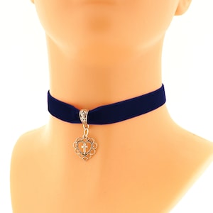Collana girocollo in velluto blu da sera: collana con nastro e ciondolo a cuore fatta a mano, taglia XS - 5XL
