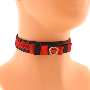 Lace satin choker, black red bow rhinestone heart lace choker necklace, victorian jewelry, day cute choker