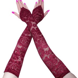 Burgundy Lace Opera Gloves, Evening Women Costume Glamour, Handmade Size XS - 3XL