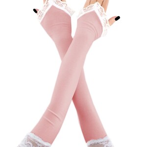 Light Pink White Lace Opera Gloves: Bridal Fingerless Arm Warmers Size XS - 3XL