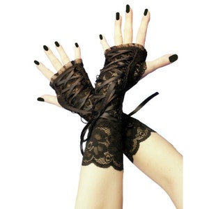 Gothic women gloves all lace black fingerless mittens elbow length costume warmers formal evening gloves, goth lacing corset gloves