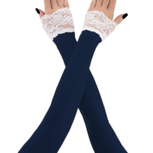 Extra long dark blue white lace fingerless gloves womens arm warmers, evening glove opera over elbow formal gloves stretch arm cover costume