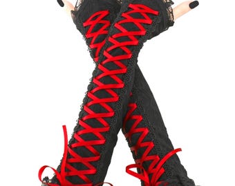 Guantes góticos rojos sin dedos de doble capa, 50 cm (20 pulgadas), calentadores de brazos con cordones y lazo para el dedo, mangas puntiagudas con cinta roja, hechos a mano. Tallas y colores disponibles.