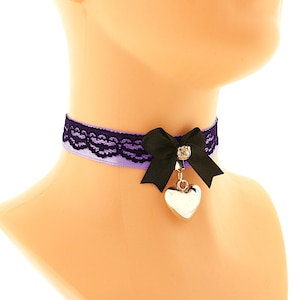 Black Lace & Purple Satin Choker: Gothic Heart Pendant Necklace