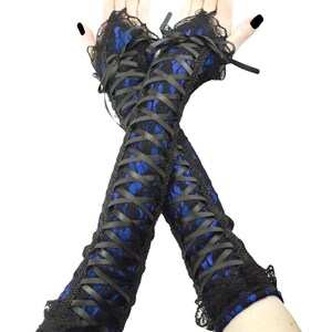 Gothic womens gloves black blue romantic fingerless elbow length sleeves vampire costume warmers  evening gloves, goth lacing corset