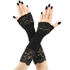 Black Lace Fingerless Gloves Decorated Lace Gothic Evening Costume Arm Warmers Handmade XS - 3XL