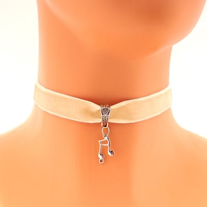 Beige Velvet Choker Necklace, Elegant Evening Glamour with Blue Glass Stone