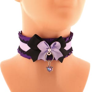 Women Purple Black Collar Choker, O Ring Pendant Heart Womens Goth Pearl Bow Collars, Satin Lace Necklace Dark Victorian Goth Girls Costume