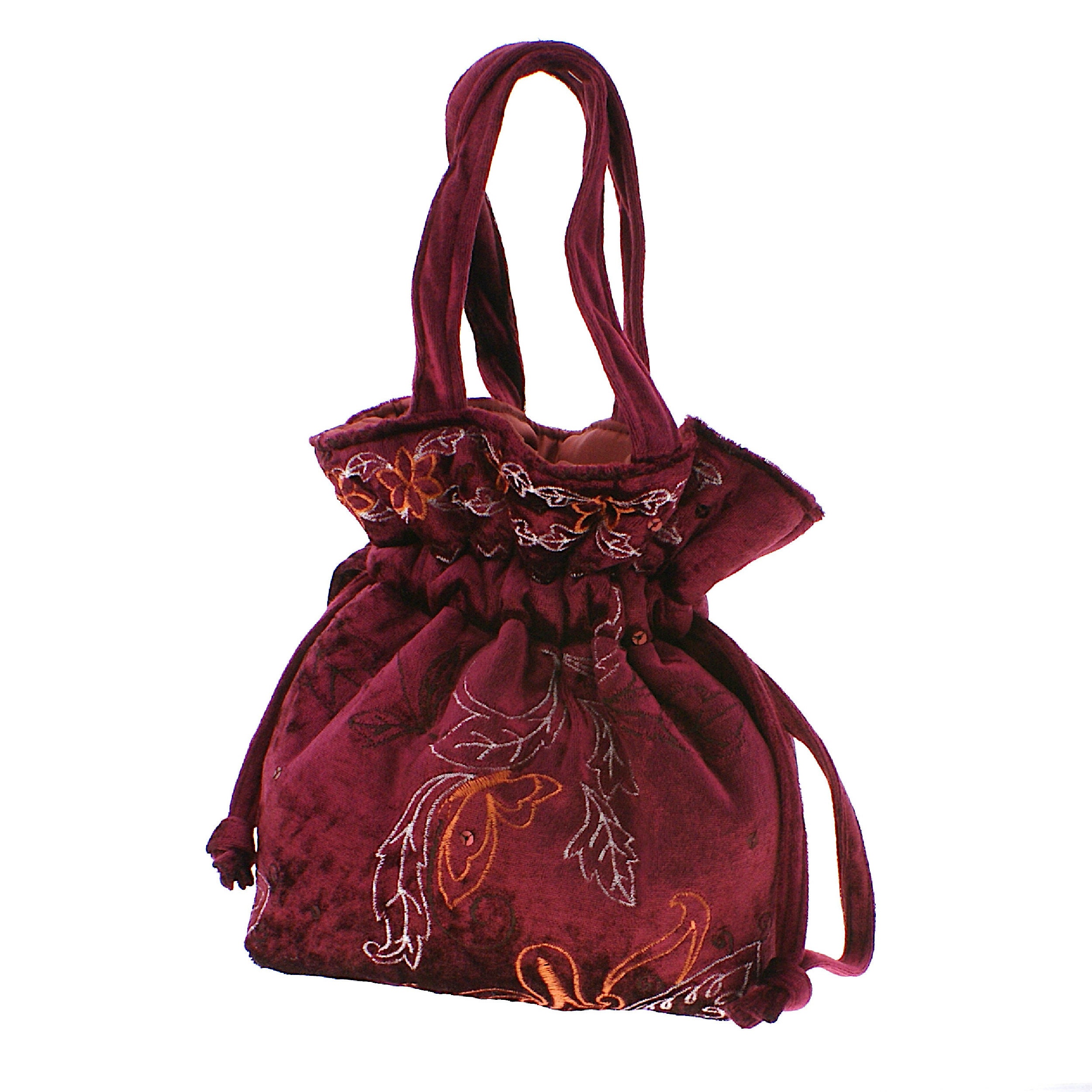 Embroidered Velvet Bucket Bag With Handles, Wine Red Romantic