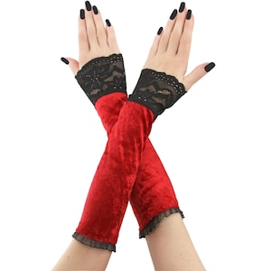 Red Velvet Fingerless Gloves Black Lace Trim Victorian Opera Arm Warmers
