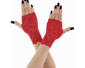 Mitaines en dentelle rouge, moufles en dentelle, gants gothiques ou burlesques, gants courts pour mariée, gants gothiques pour femme, gants élégants