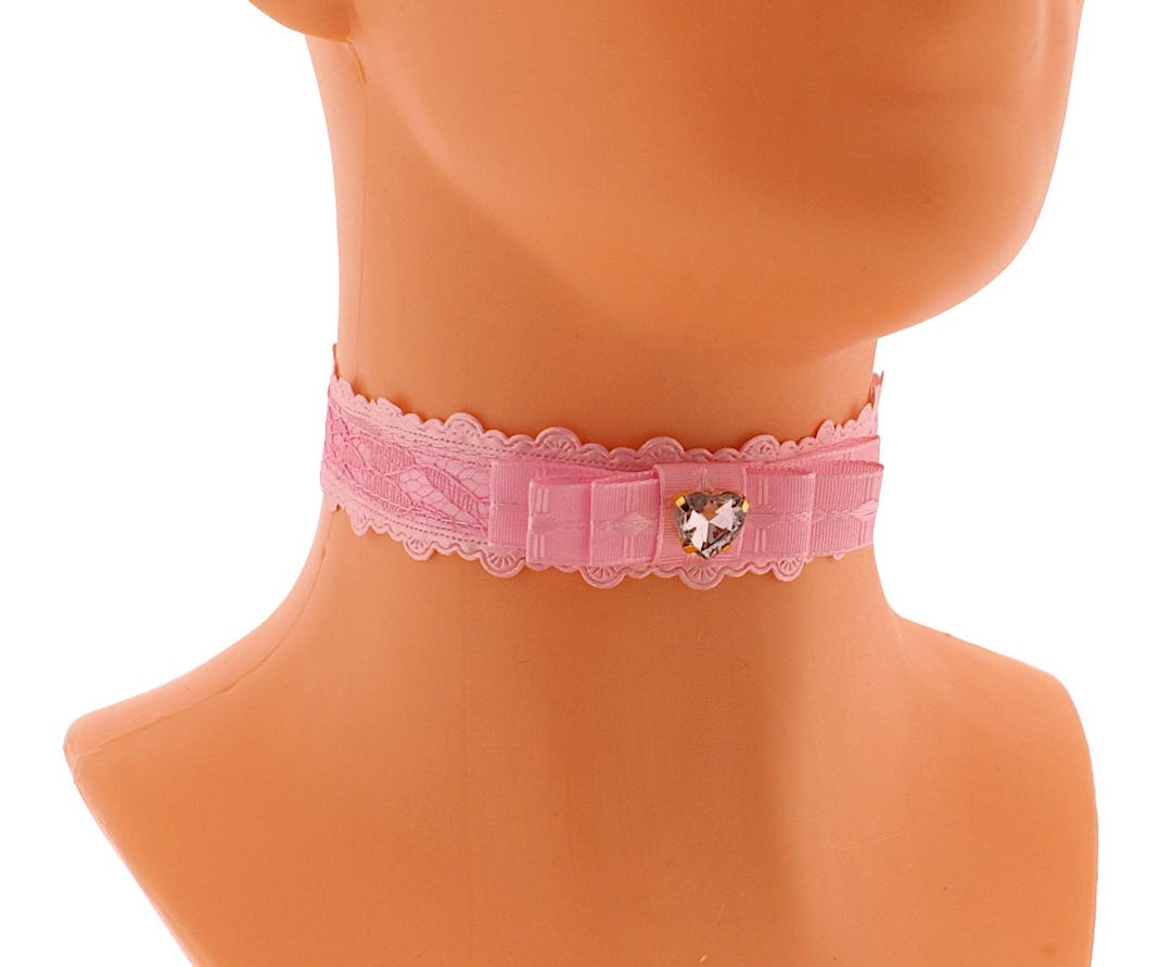 Pink Rhinestone Choker Lace Satin Choker, Pink Bow Rhinestone Heart Lace Choker Necklace ...