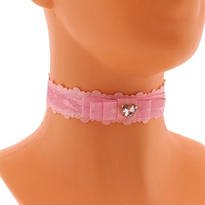 Pink Lace Satin Choker: Rhinestone Heart, Kawaii Princess Collar Handmade Size XS - 5XL