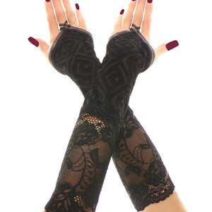 Black Velvet Fingerless Gloves with Middle Finger Loop, Elbow Length Custom Size Lace Trim | Handmade Evening Sleeves, Wedding Prom Gift