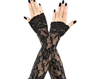 Black Lace Gloves – Gothic Victorian Elbow Length Arm Warmers Sleeves (Handmade)