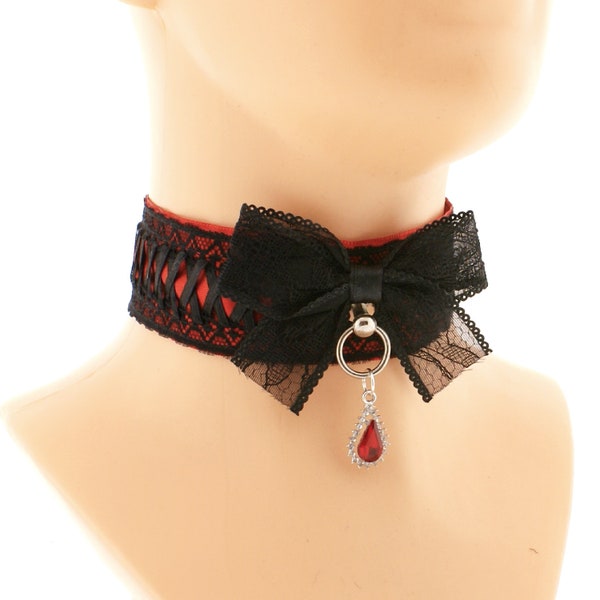 Gothic Black Red Choker Ring Bow Corset Lacing Glamour Collar, Lady Lolita Goth Collar, Lace Necklace, Victorian Gothic Collar Romantic Gift