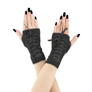 Black gothic fingerless gloves, womens goth mittens thumb holes costume gloves, womens evening gloves lacing corset short warmers emo