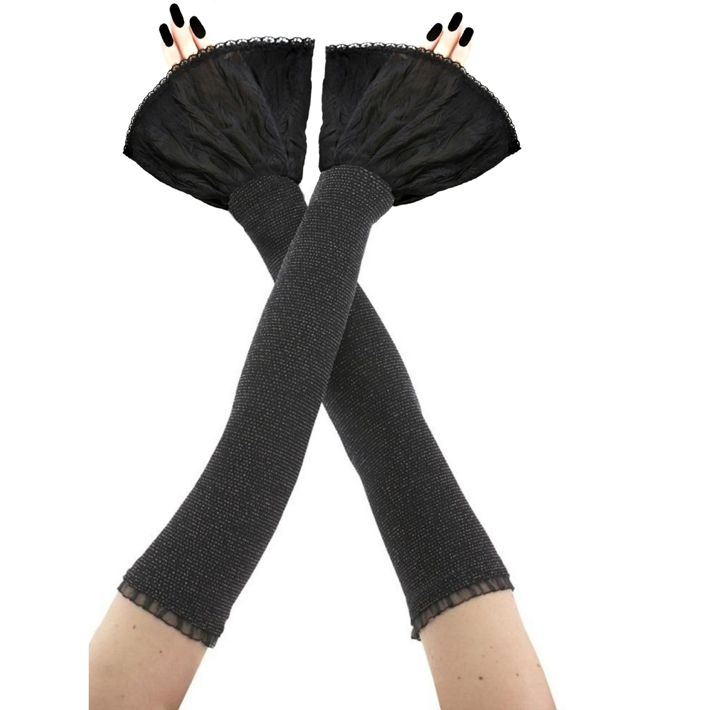 Black Silver Lace Sleeves, Ruffled Gothic Arm Warmers, Victorian Frill ...
