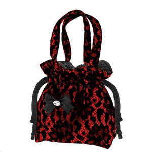 Handmade Satin Lace Drawstring Bucket Bag Red & Black Evening Bow Bag Romantic