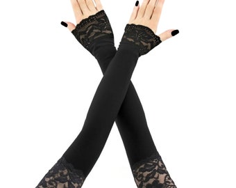 Gants noirs élégants, gants gothiques extra longs de soirée glamour burlesque victorienne, cadeau d'halloween de déguisement de mitaines de vampire noir