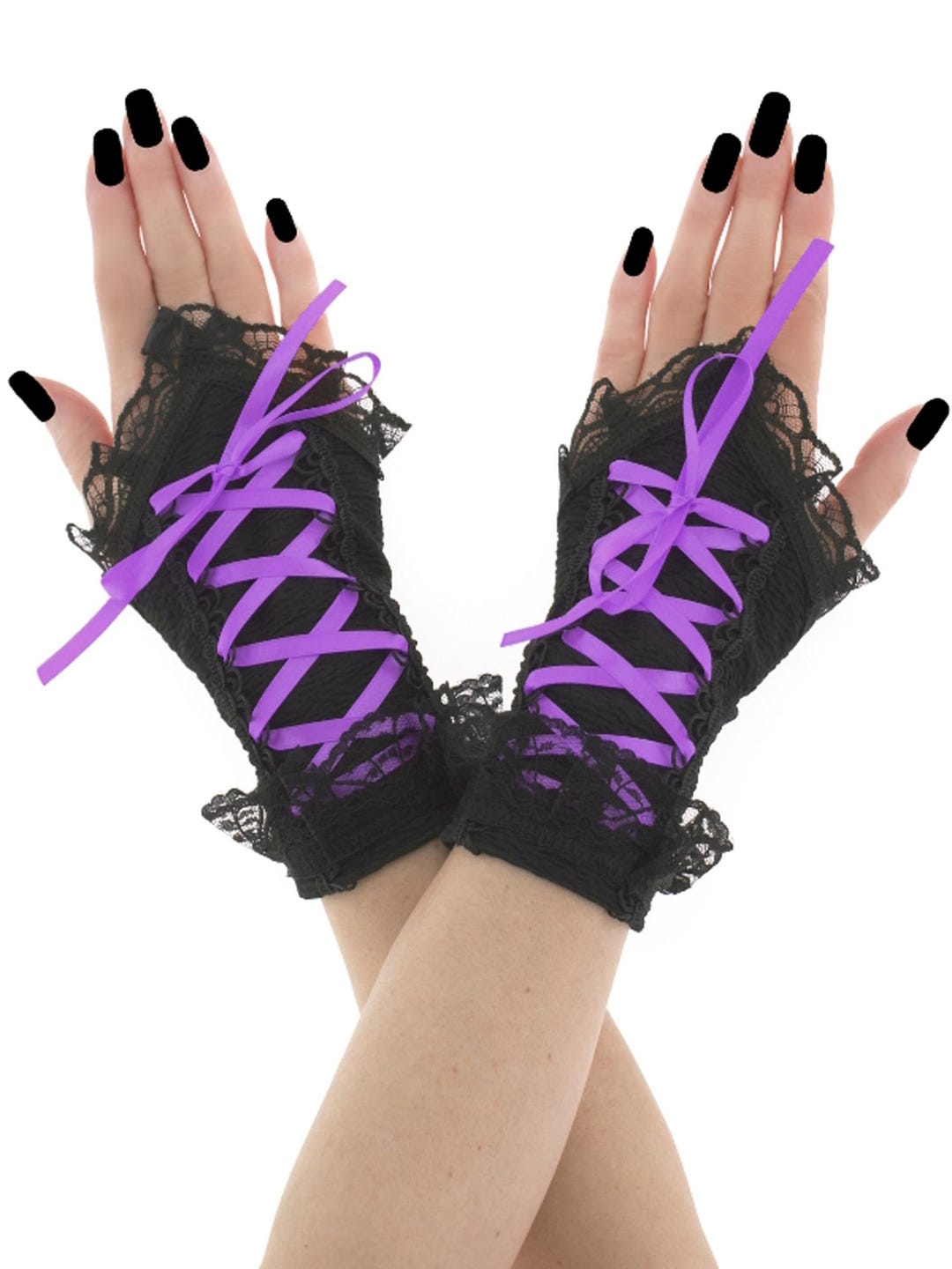 Black Lace Fingerless Gloves: Purple Corset Lacing, Gothic Wrist