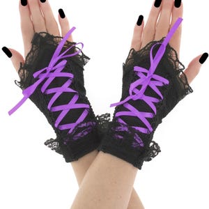 Black purple womens gloves goth fingerless gloves, wrist warmers gothic evening women girls goth costume lacing corset gloves short cosplay