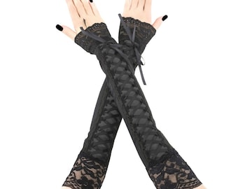 Scaldabraccia vittoriani in pizzo nero, guanti senza dita, stile gotico