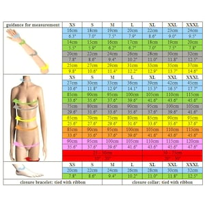 Puede incluir: Una tabla de tallas para ropa con medidas en pulgadas y cent&iacute;metros. La tabla incluye las tallas XS, S, M, L, XL, XXL y XXXL. La tabla est&aacute; dividida en tres secciones: gu&iacute;a de medici&oacute;n, cierre de pulsera: atado con cinta, y cierre de cuello: atado con cinta.