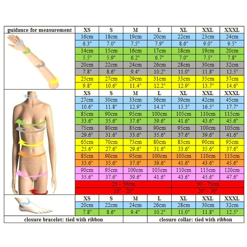 Puede incluir: Una tabla de tallas para ropa con medidas en pulgadas y cent&iacute;metros. La tabla incluye las tallas XS, S, M, L, XL, XXL y XXXL. La tabla est&aacute; dividida en tres secciones: gu&iacute;a de medici&oacute;n, cierre de pulsera: atado con cinta, y cierre de cuello: atado con cinta.