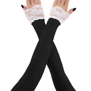 Extra lange zwart-witte kanten vingerloze handschoenen, armwarmers voor dames, avondhandschoenen opera, formele handschoenen over de elleboog stretch armovertrek kostuum