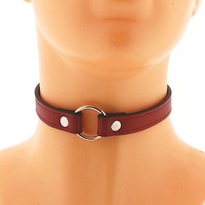 Gothic vegan leather o ring choker collar, adjustable red choker, goth punk rock choker, red fashion faux leather