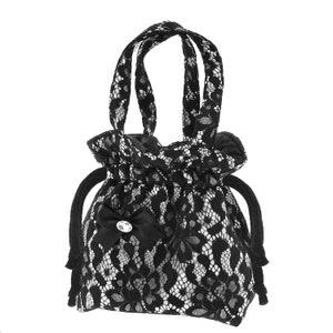 Handmade Lace Drawstring Bucket Bag, Black & White Evening Bag Handbag Handbade