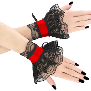 Red Satin & Black Lace Ruffled Cuffs Women Victorian Goth Bracelet