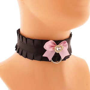 Gothic Black Satin Choker: D-Ring & Ribbon Collar Satin Bow Pink Heart Handmade XS - 3XL