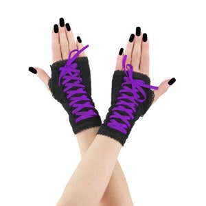 Gothic Laced Fingerless Gloves, Black & Purple Corset Mittens Handmade XS - 3XL