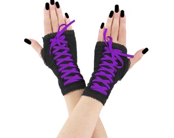 Victorian Black gloves with Purple Lacing, Thumb Hole Fingerless Mittens, Gothic Short Arm Warmers, Plus Size XS-3XL, Dark Romantic